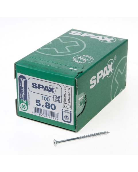 Spax Spaanplaatschroef platverzonken kop verzinkt T-Star T20 deeldraad 5.0x80mm (per 100 stuks)