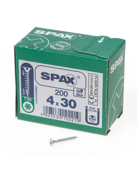 Spax Spaanplaatschroef platverzonken kop verzinkt T-Star T20 4.0x30mm (per 200 stuks)