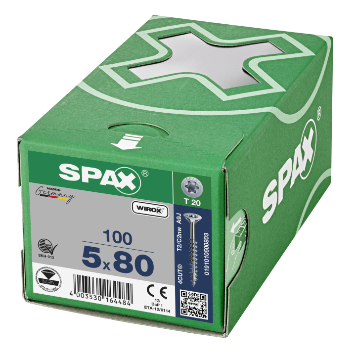 Spax Spaanplaatschroef 5x80mm platverzonken kop verzinkt T-Star T20 deeldraad (per 100 stuks)