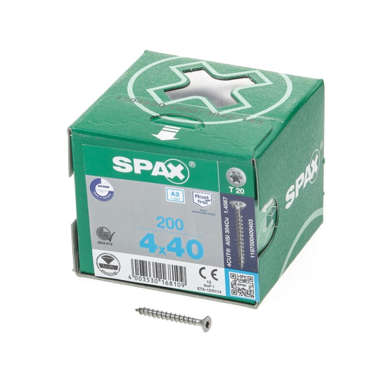 Spax Spaanplaatschroef platverzonken kop RVS T-Star T20 voldraad 4.0x40mm (per 200 stuks)