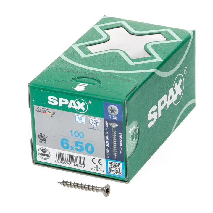 Spax Spaanplaatschroef platverzonken kop RVS T-Star T30 voldraad 6.0x50mm (per 100 stuks)