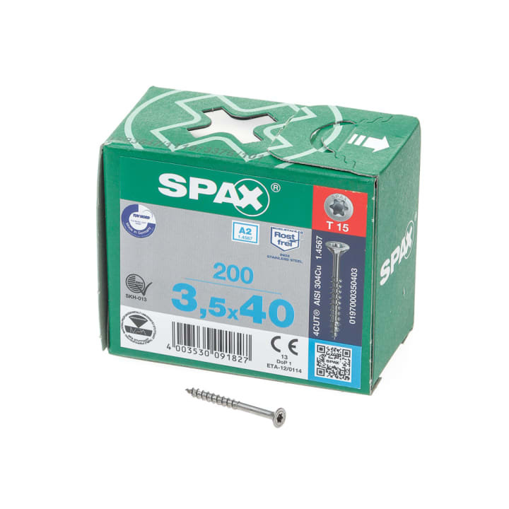Spax Spaanplaatschroef platverzonken kop RVS T-Star T15 deeldraad 3.5x40mm (per 200 stuks)
