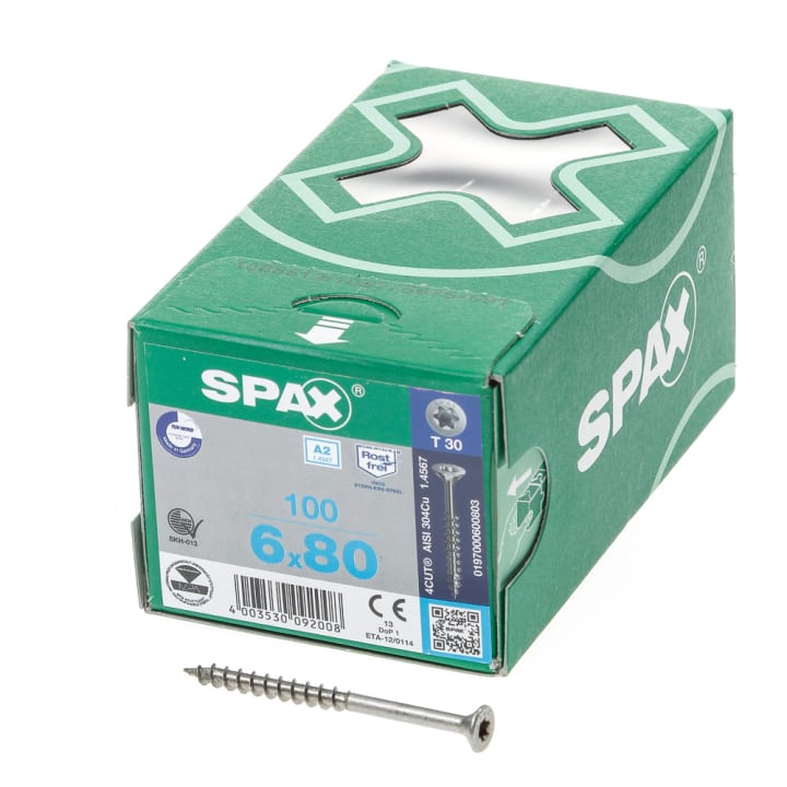 Spax Spaanplaatschroef platverzonken kop RVS T-Star T30 deeldraad 6.0x80mm (per 100 stuks)