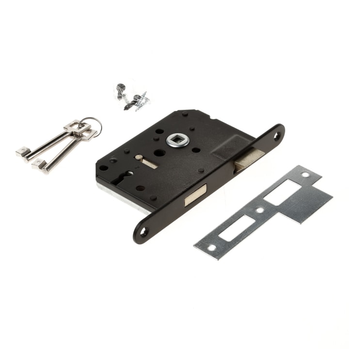 Woningbouw klavier dag- en nachtslot 55mm, voorplaat afgerond zwart gelakt, 20x175, doorn 50mm incl. sluitplaat en 2 sleutels