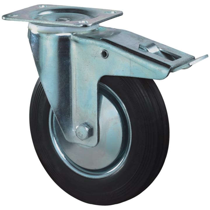 Zwenkwiel, zwart rubber wiel met stalen velg en rollager + rem, 205kg m/rem 200mm