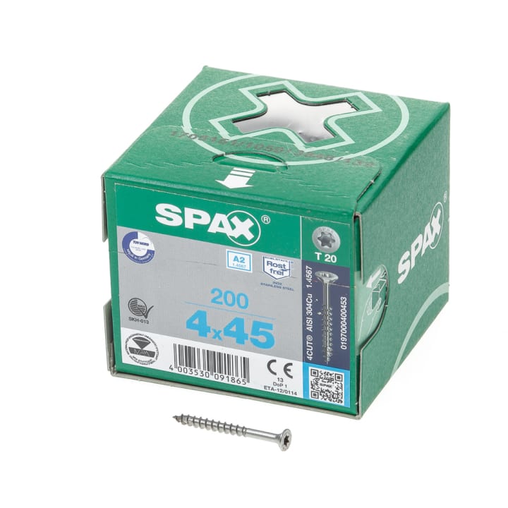 Spax Spaanplaatschroef platverzonken kop RVS T-Star T20 deeldraad 4.0x45mm (per 200 stuks)