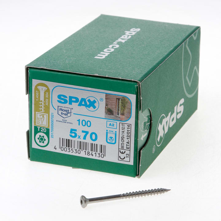 Spax Spaanplaatschroef met boorpunt RVS T20 deeldraad 5x70mm (per 100 stuks)