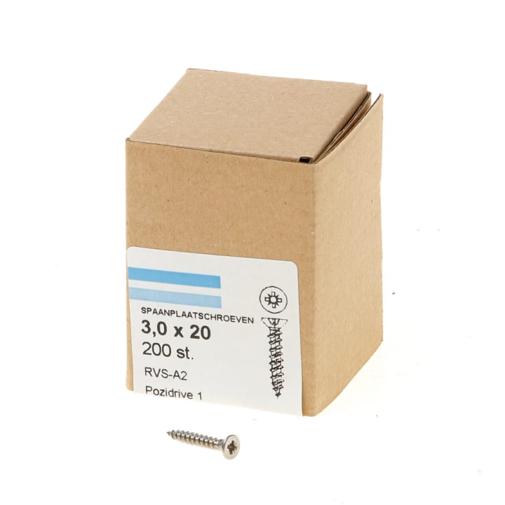 Spaanplaatschroef rvs-A2 platkop pz-1 3.0X20 voldraad (200)