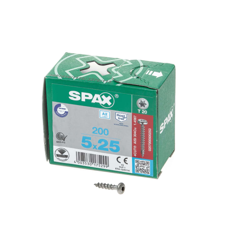 Spax Spaanplaatschroef cilinderkop RVS T-Star T20 5.0x25mm (per 200 stuks)