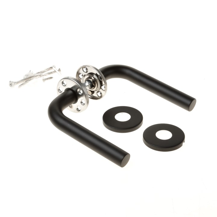 Formani deurkruk, haaks afgerond L-model, BASIC LBIII-19 op ronde rozet van 6mm dik, kleur mat zwart