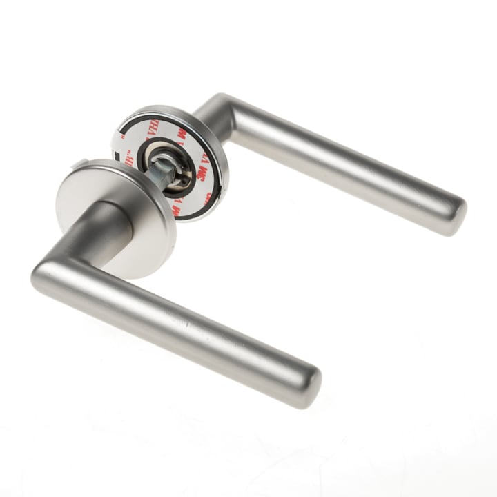 Deurkruk aluminium kleur roestvaststaal look, L-model met haakse hoek, met zelfplakkende Easy Click montage