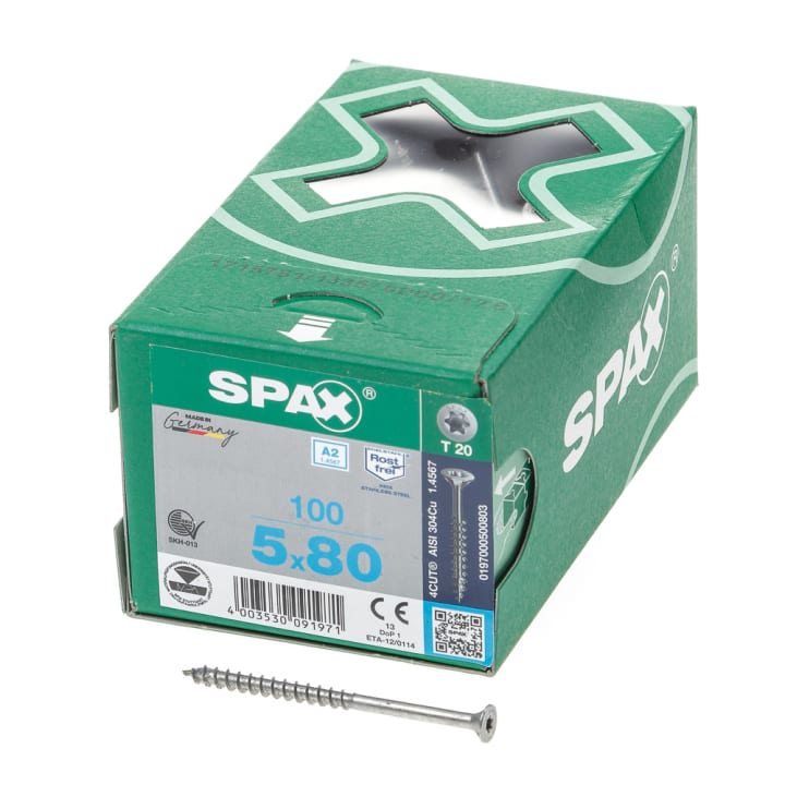 Spax Spaanplaatschroef platverzonken kop RVS T-Star T20 deeldraad 5.0x80mm (per 100 stuks)