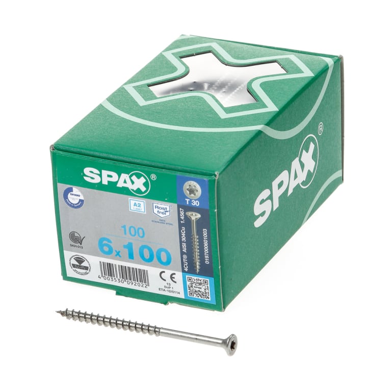 Spax Spaanplaatschroef platverzonken kop RVS T-Star T30 deeldraad 6.0 x 100mm