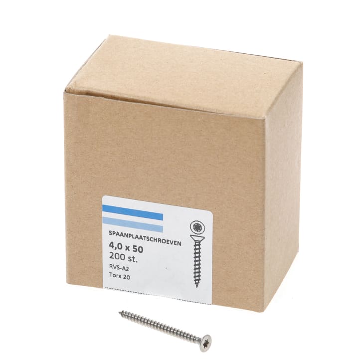 Spaanplaatschroef rvs-A2 platkop tx-20 4.0X50 voldraad (200)