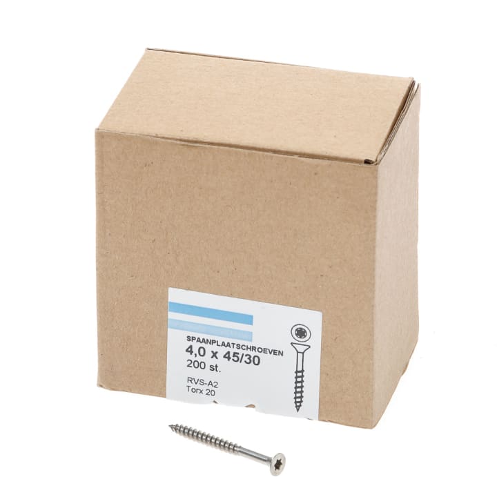 Spaanplaatschroef rvs-A2 platkop tx-20 4.0X45/30 deeldraad (200)