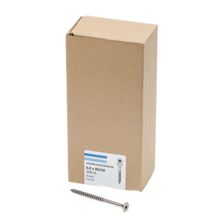 Spaanplaatschroef rvs-A2 platkop tx-25 6.0X80/50 deeldraad (100)