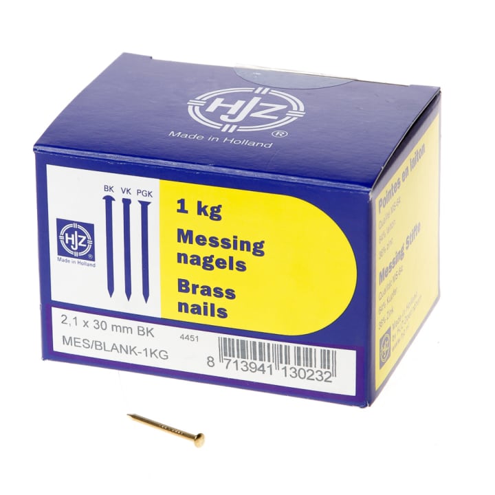 Messing nagels bombe kop 2.1 x 30mm 1kg