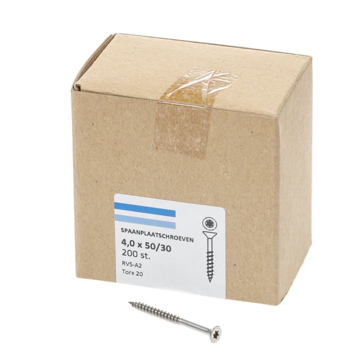 Spaanplaatschroef rvs-A2 platkop tx-20 4.0X50/30 deeldraad (200)