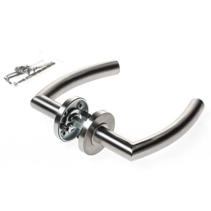 Deurkruk, vast/draaibaar geveerd, Curve model, roestvaststaal, op ronde rozet voor deurdikte 37-42mm EN1906-4