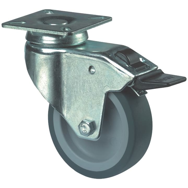 Zwenkwiel met plaat en rem, rubber band, grijs 65kg met rem100mm