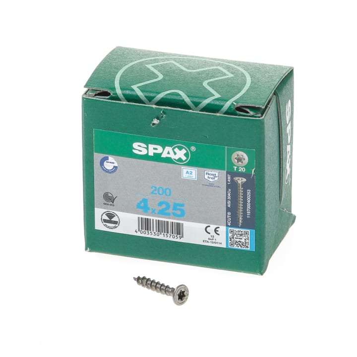 Spax Spaanplaatschroef platverzonken kop RVS T-Star T20 voldraad 4.0x25mm (per 200 stuks)