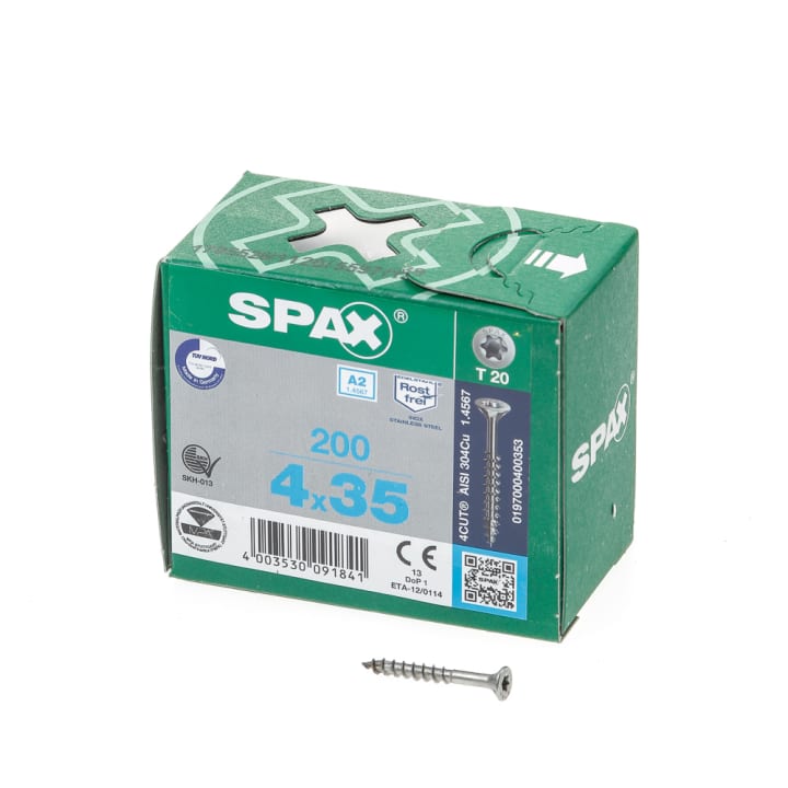 Spax Spaanplaatschroef platverzonken kop RVS T-Star T20 deeldraad 4.0x35mm (per 200 stuks)