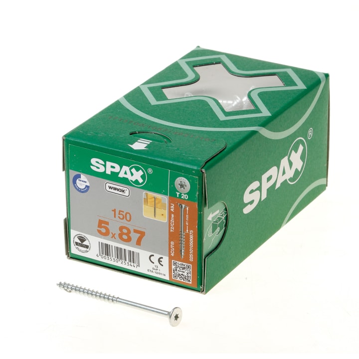 Spax spaanplaatschroef wirox 5,0x87, tx20, met vlakke discuskop, met geoptimaliseerd deel schroefdraad