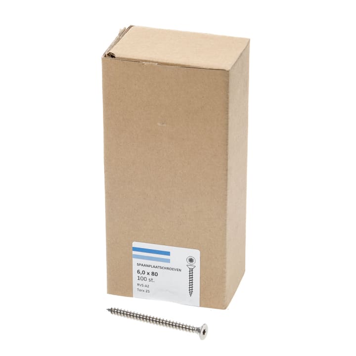 Spaanplaatschroef rvs-A2 platkop tx-25 6.0X80 voldraad (100)