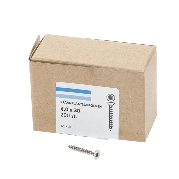 Spaanplaatschroef rvs-A2 platkop tx-20 4.0X30 voldraad (200)