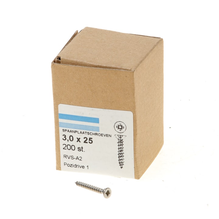 Spaanplaatschroef rvs-A2 platkop pz-1 3.0X25 voldraad (200)