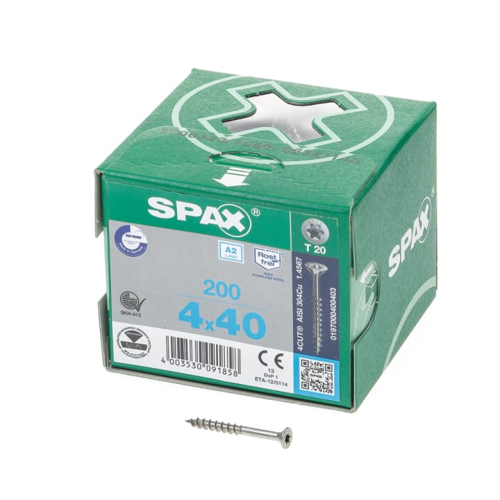 Spax Spaanplaatschroef platverzonken kop RVS T-Star T20 deeldraad 4.0x40mm (per 200 stuks)