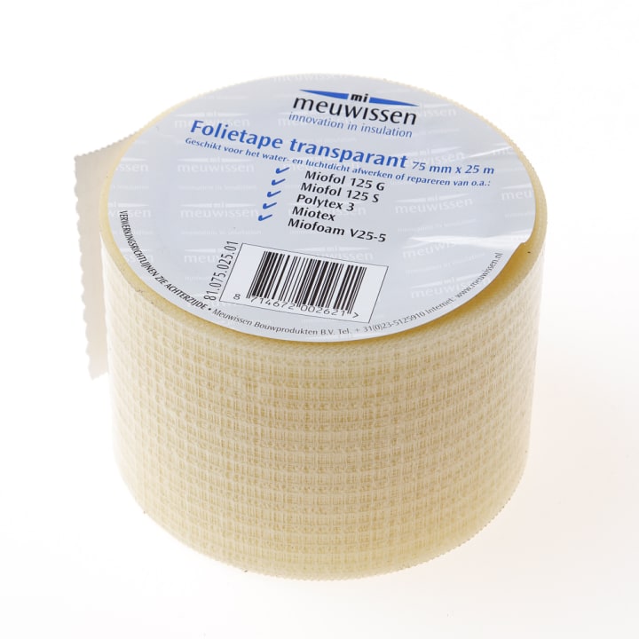 Polytextape transparant met wapeningsnet versterkt 75mm x 25 meter