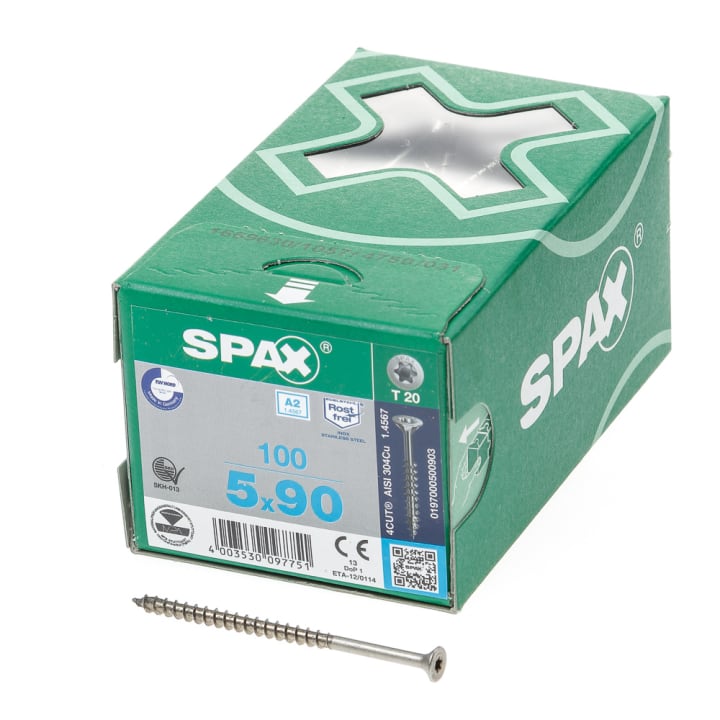 Spax Spaanplaatschroef platverzonken kop RVS T-Star T20 deeldraad 5.0x90mm (per 100 stuks)