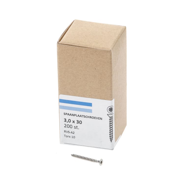 Spaanplaatschroef rvs-A2 platkop tx-10 3.0X30 voldraad (200)