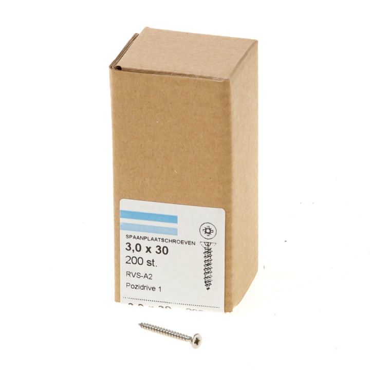 Spaanplaatschroef rvs-A2 platkop pz-1 3.0X30 voldraad (200)