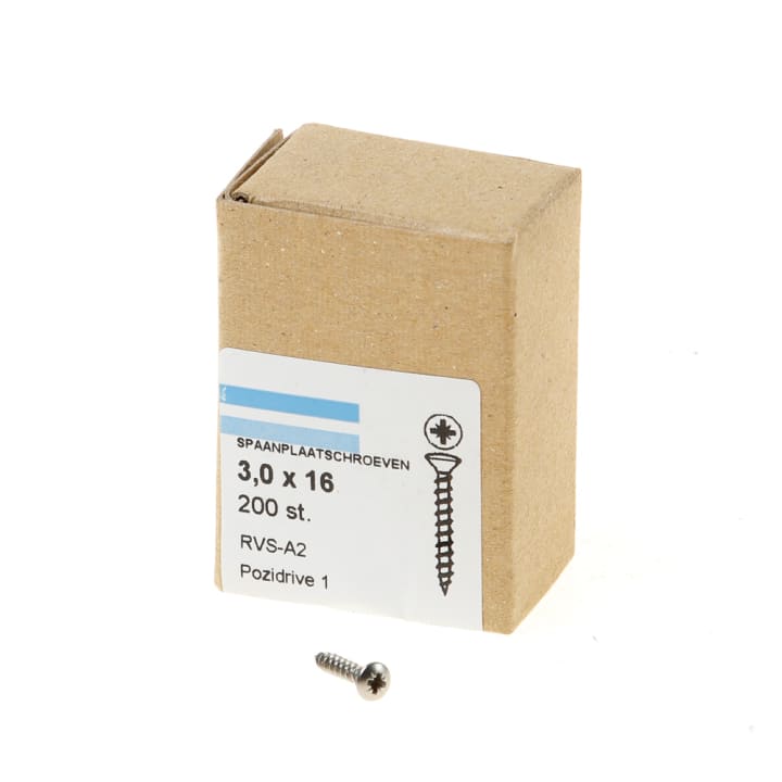 Spaanplaatschroef rvs-A2 platkop pz-1 3.0X16 voldraad (200)