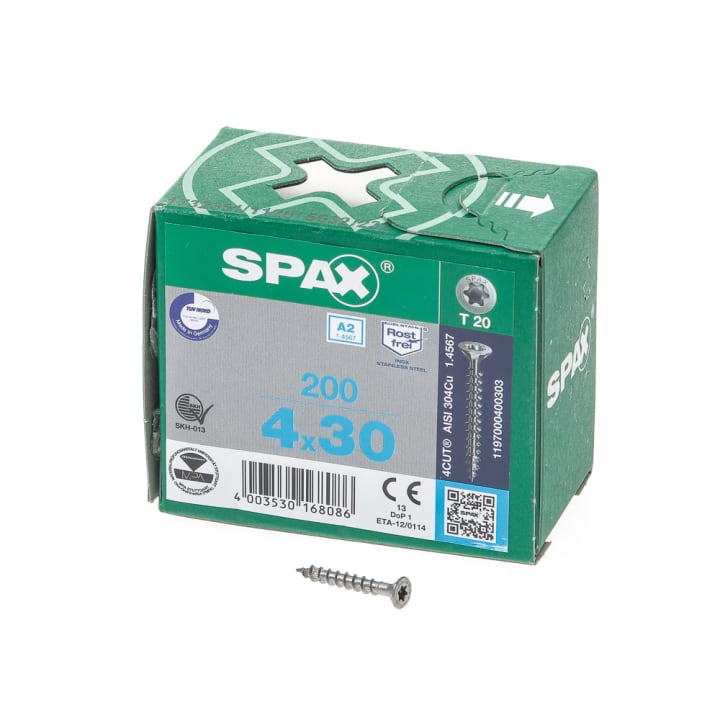 Spax Spaanplaatschroef platverzonken kop RVS T-Star T20 voldraad 4.0x30mm (per 200 stuks)