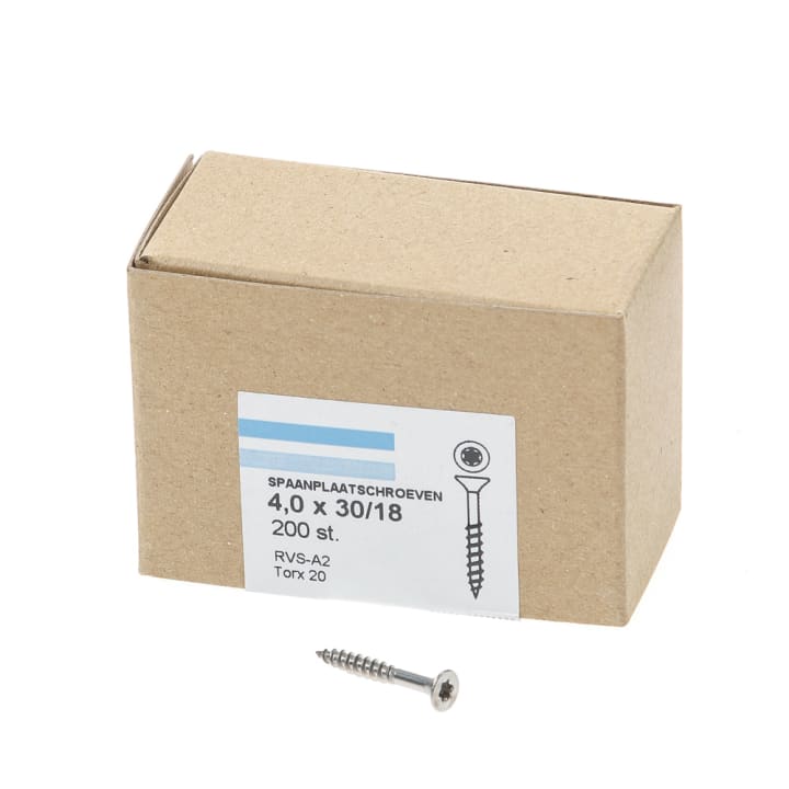 Spaanplaatschroef rvs-A2 platkop tx-20 4.0X30/18 deeldraad (200)