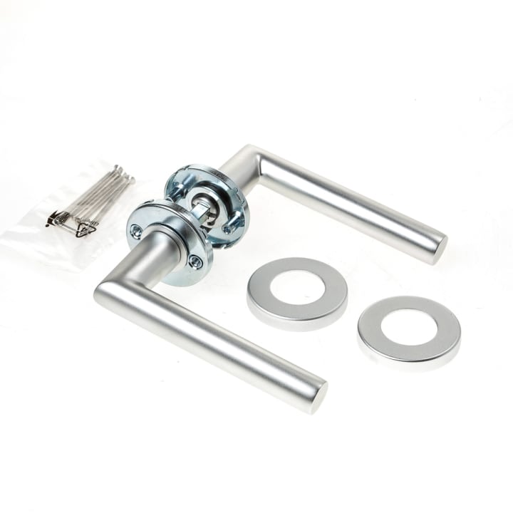 Deurkruk L-model  haaks op rond rozet, aluminium, vastdraaibaar, kleur F1, D4E