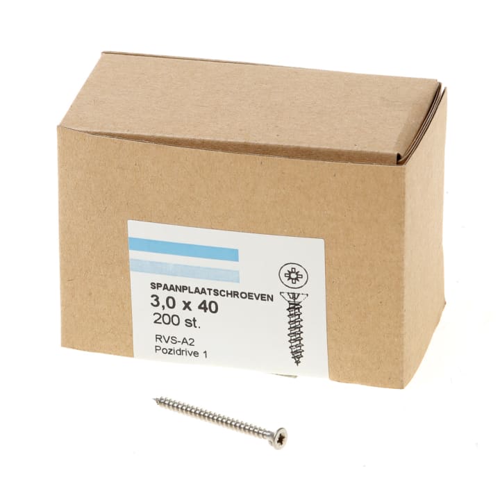 Spaanplaatschroef rvs-A2 platkop pz-1 3.0X40 voldraad (200)