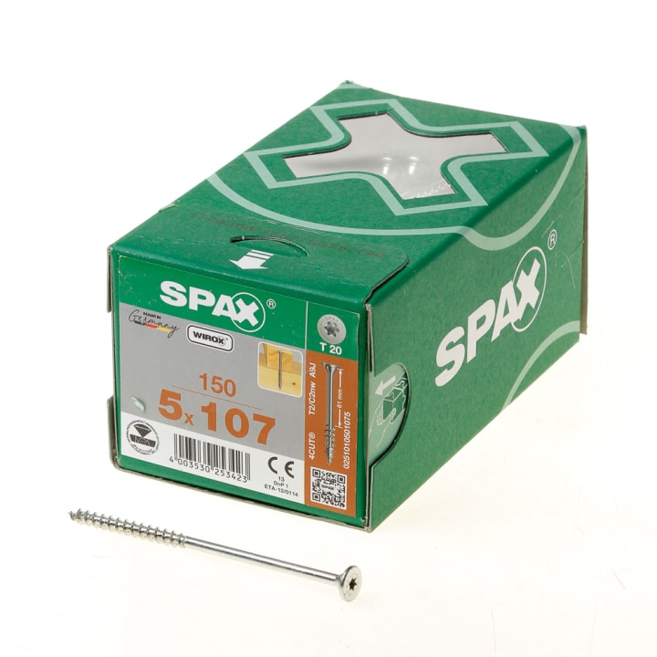 Spax spaanplaatschroef wirox 5,0x107, tx20, met vlakke discuskop, met geoptimaliseerd deel schroefdraad