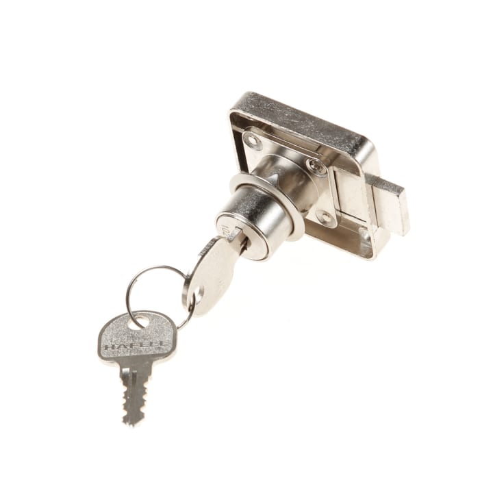 Opschroefslot met nachtschoot, aanslag rechts, met vast bevestigde plaatjescilinder, doornmaat 25 mm, vernikkeld mat, verschillende sluitend, cilinderlengte 22mm