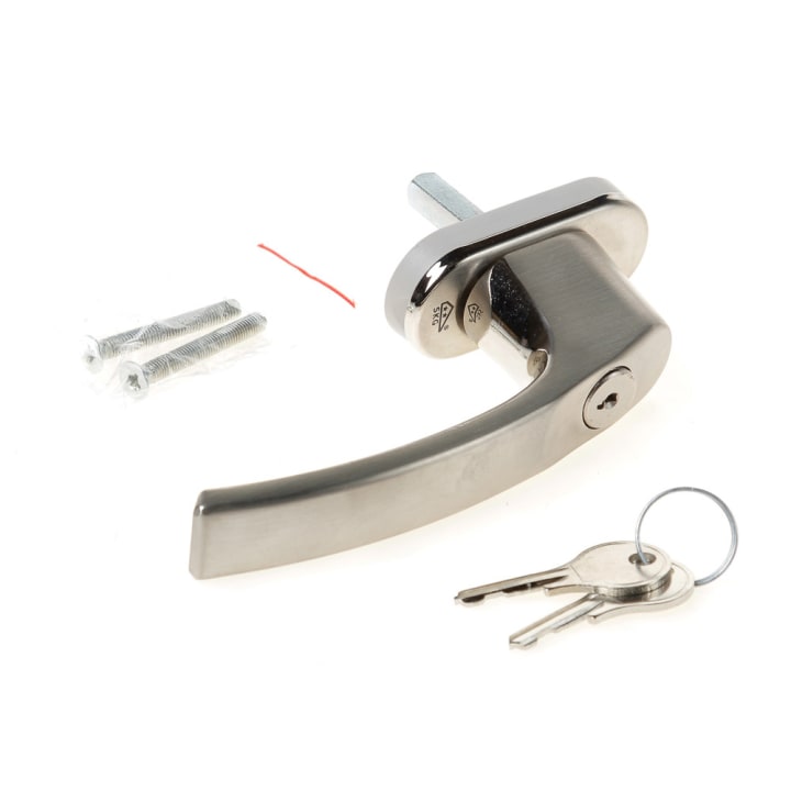 Draaivalkruk / raamkrruk, Inox look, afsluitbaar door cilinder, stiftlengte 32mm, 7x7mm stiftdikte. SKG2.