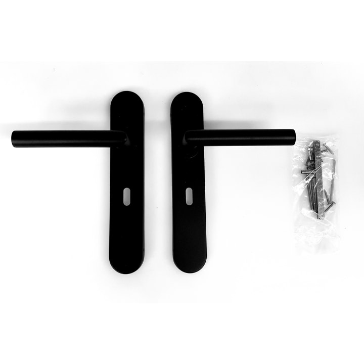 Deurkrukgarnituur, L-model haaks, vast gemonteerd op langschild 225x40mm, in kleur zwart met structuur, sleutelgat klavier 56mm