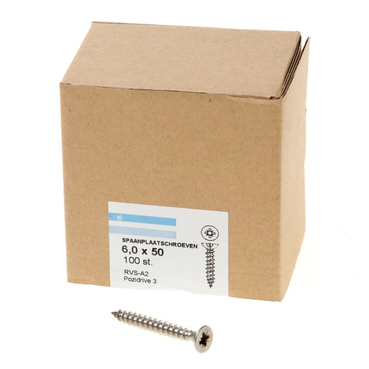 Spaanplaatschroef rvs-A2 platkop pz-3 6.0X50 voldraad (100)