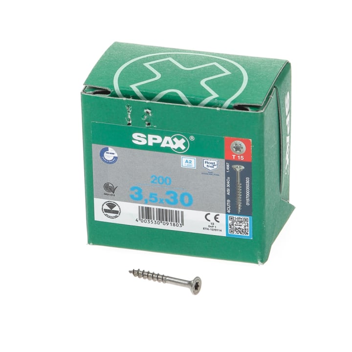 Spax Spaanplaatschroef platverzonken kop RVS T-Star T15 deeldraad 3.5x30mm (per 200 stuks)