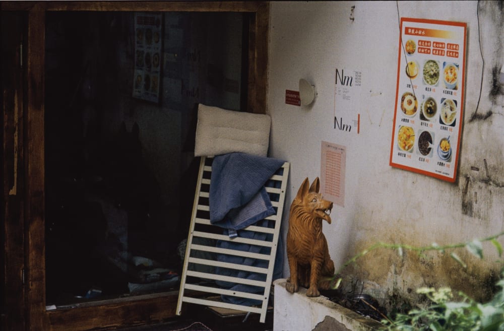 A carved wooden dog beside a chair and shop doorway