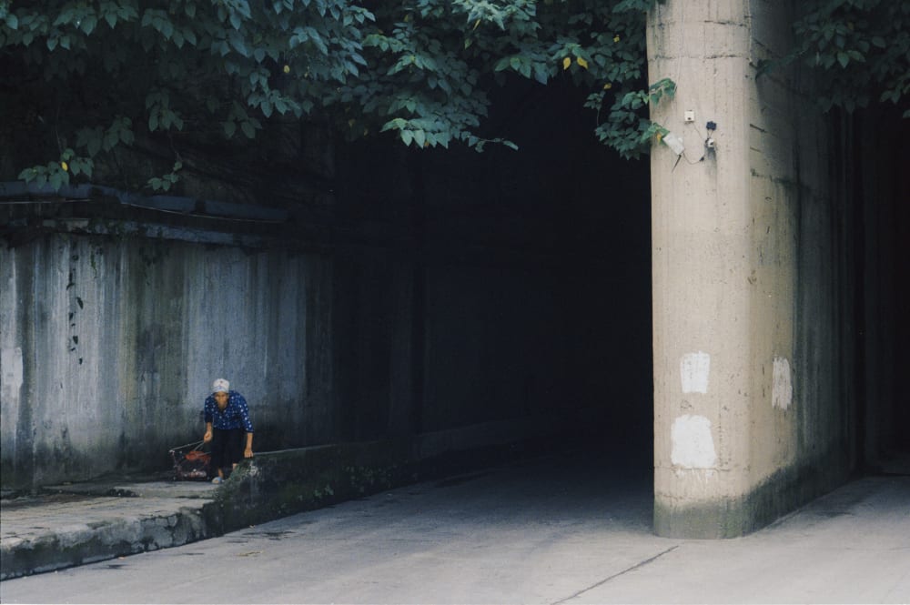 A person carrying a cart beneath a concrete bridge