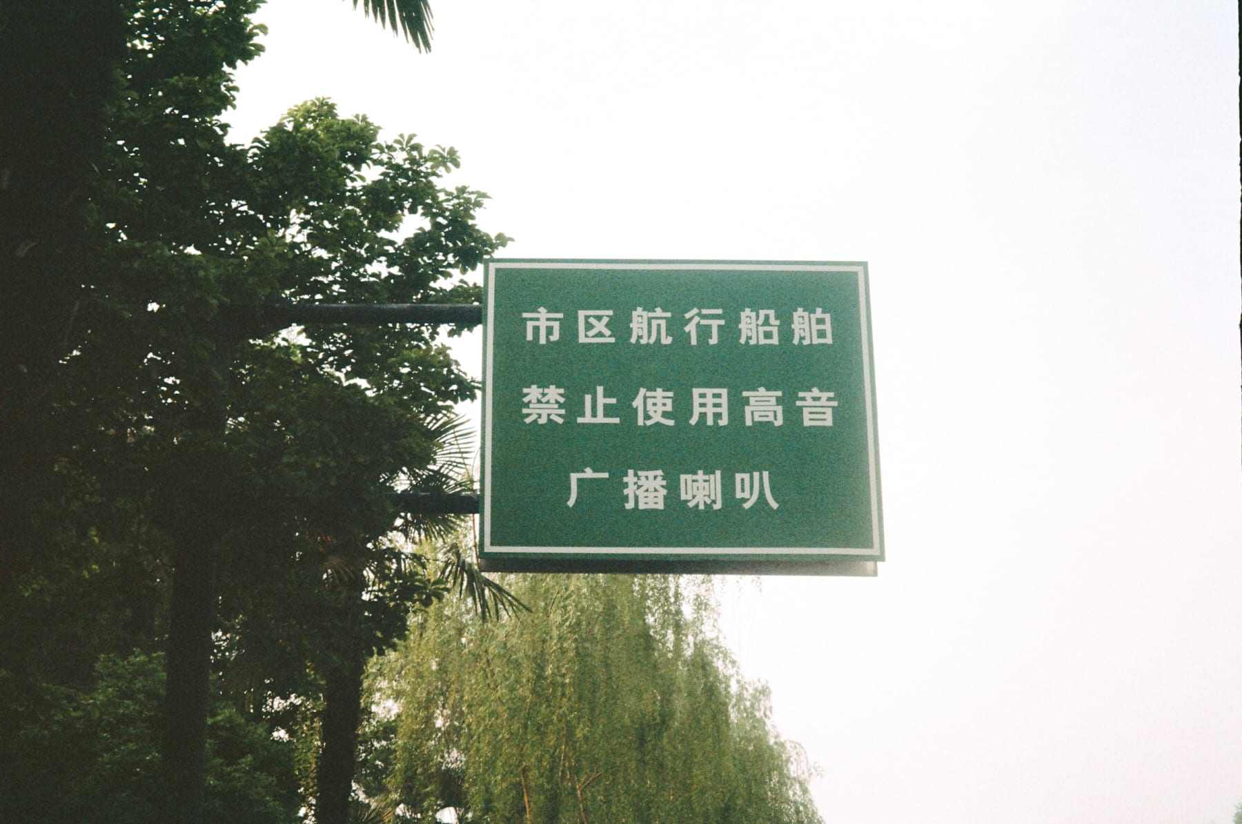 A green sign beside trees
