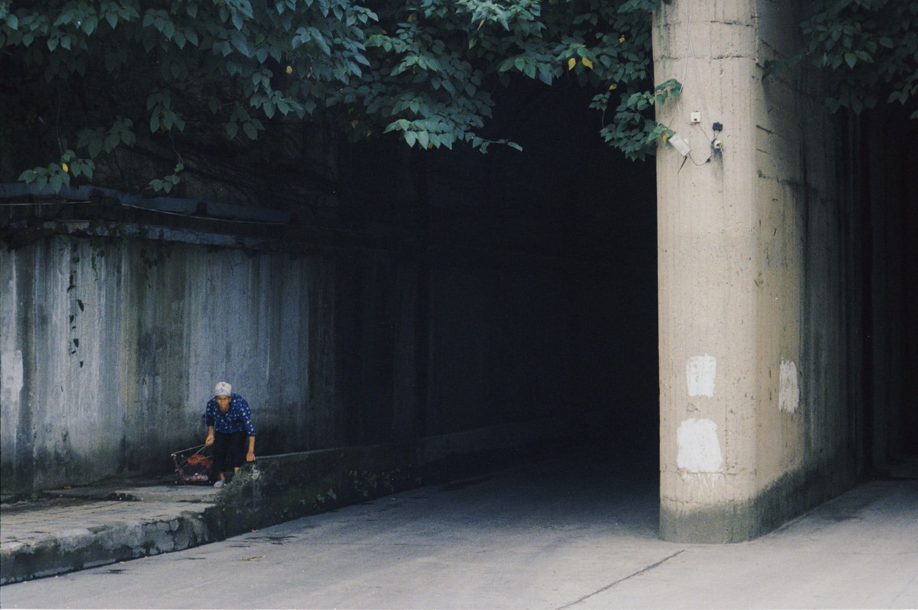A person carrying a cart beneath a concrete bridge